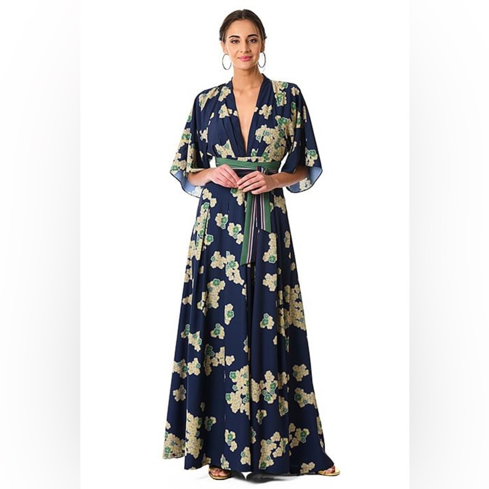 Eshakti Wayward Fancies Women 3X Plunge Floral Print Crepe Jumpsuit Drape Blue.